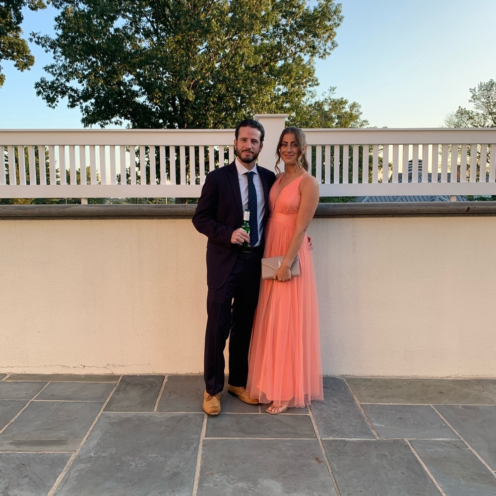peach wedding guest gown